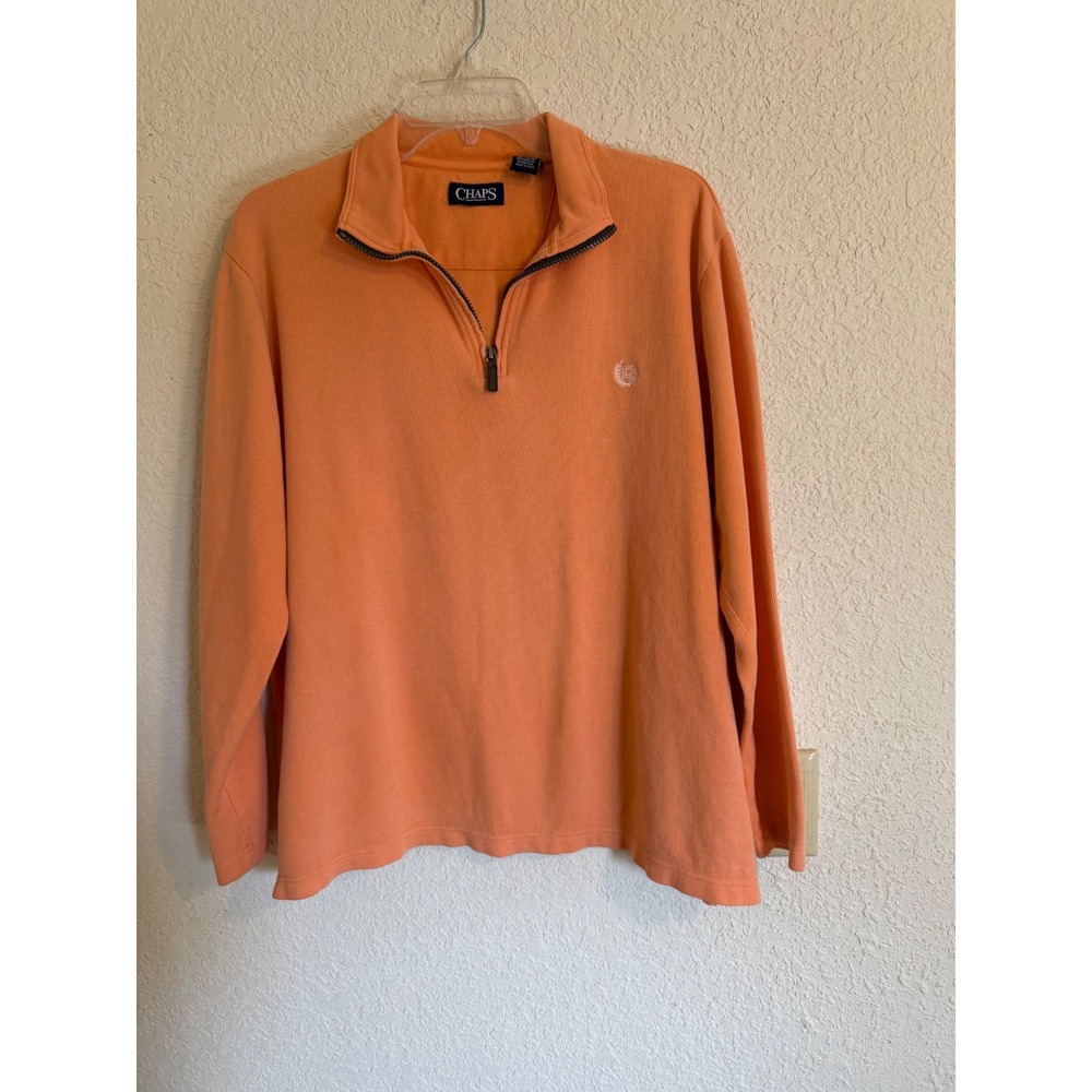 Chaps Mens Quarter Zip Pullover‎ Sweater Large Light Orange Ribbed Cotton Knit